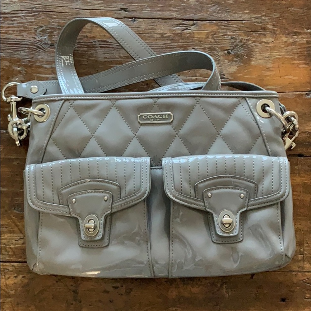 Grey patent Coach purse